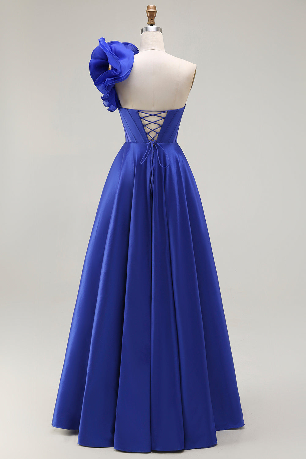Royal Blue One Shoulder Corset Long Prom Dress with Slit