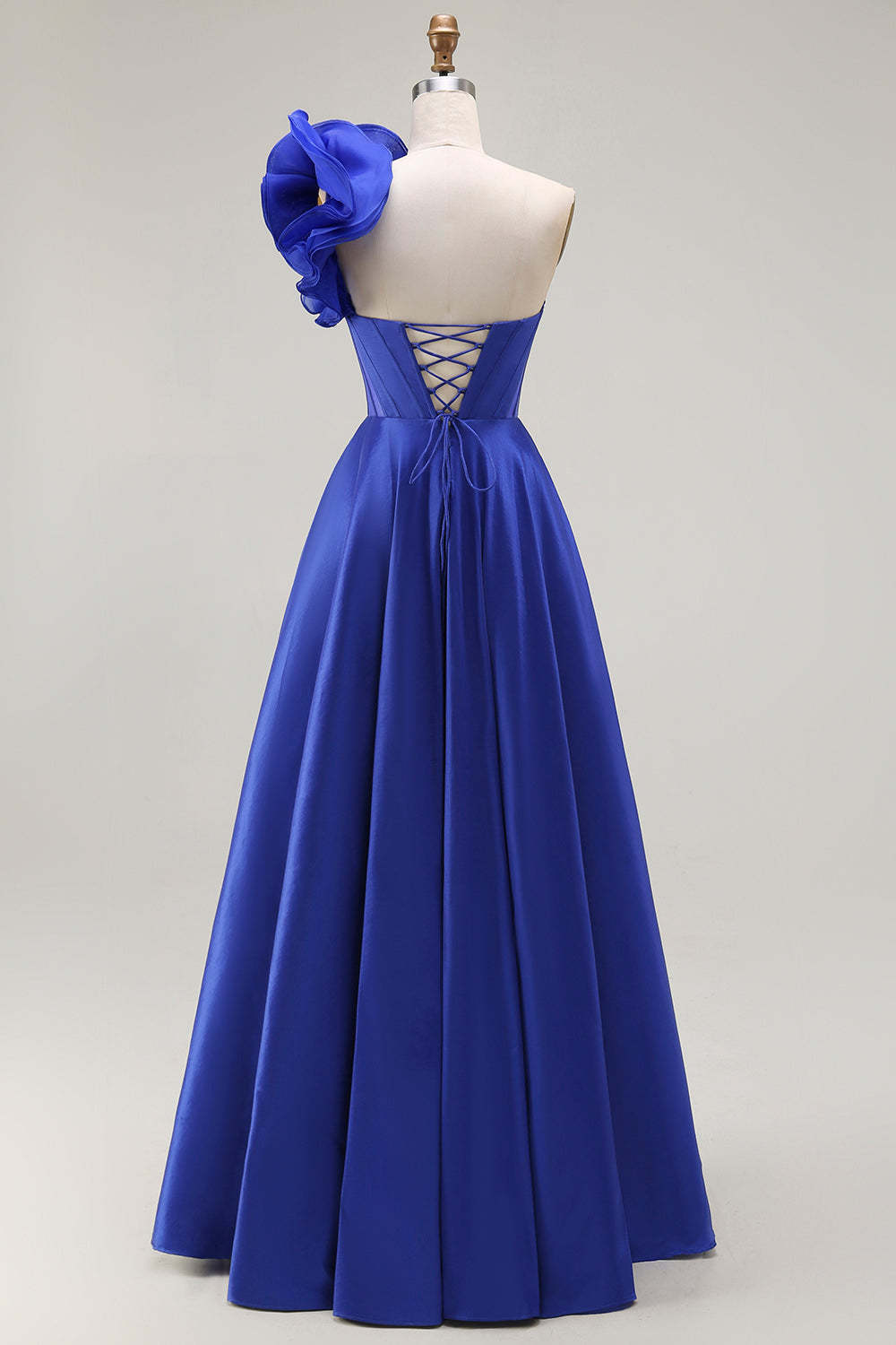 Royal Blue One Shoulder Corset Long Prom Dress with Slit