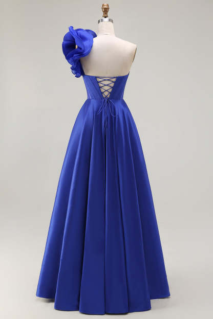 Royal Blue One Shoulder Corset Long Prom Dress with Slit