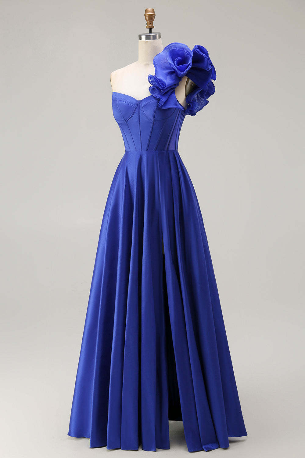 Royal Blue One Shoulder Corset Long Prom Dress with Slit