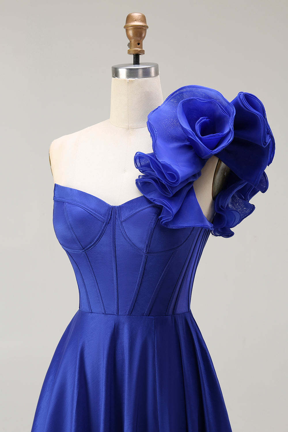 Royal Blue One Shoulder Corset Long Prom Dress with Slit