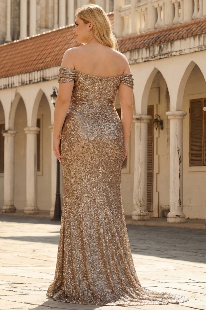 Sparkly Champagne Mermaid Off the Shoulder Maxi Prom Dress with Slit