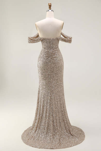 Sparkly Champagne Mermaid Off the Shoulder Maxi Prom Dress with Slit