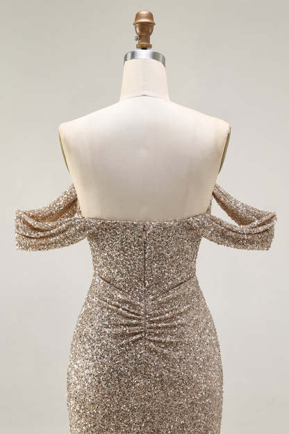 Sparkly Champagne Mermaid Off the Shoulder Maxi Prom Dress with Slit