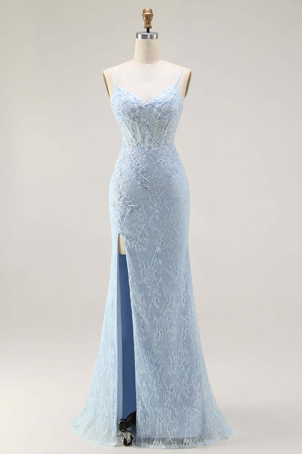 Leely Women Sparkly Blue Corset Lace Long Prom Dress with Slit Spaghetti Straps Mermaid Formal Dress