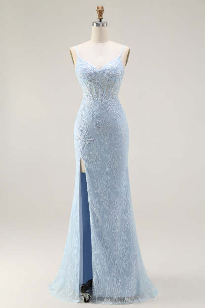 Leely Women Sparkly Blue Corset Lace Long Prom Dress with Slit Spaghetti Straps Mermaid Formal Dress