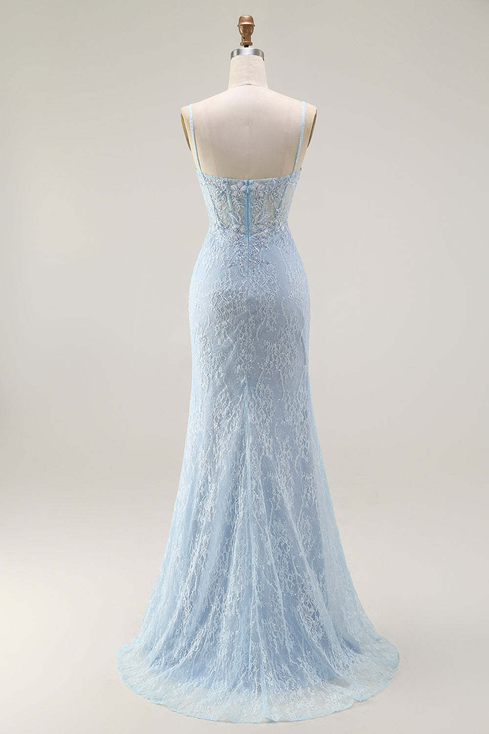Sparkly Blue Lace Corset Mermaid Long Prom Dress with Slit
