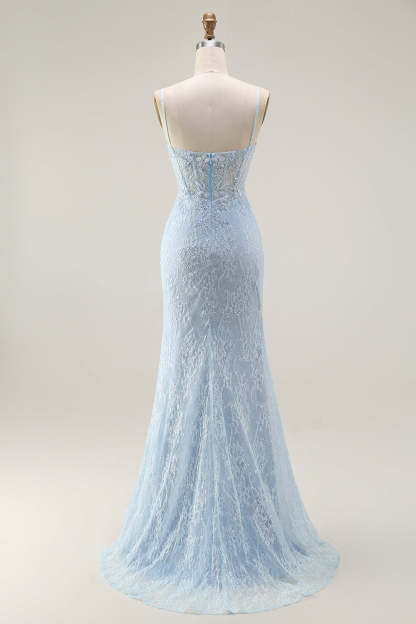 Sparkly Blue Lace Corset Mermaid Long Prom Dress with Slit