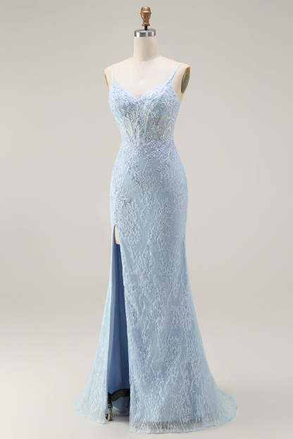 Sparkly Blue Lace Corset Mermaid Long Prom Dress with Slit