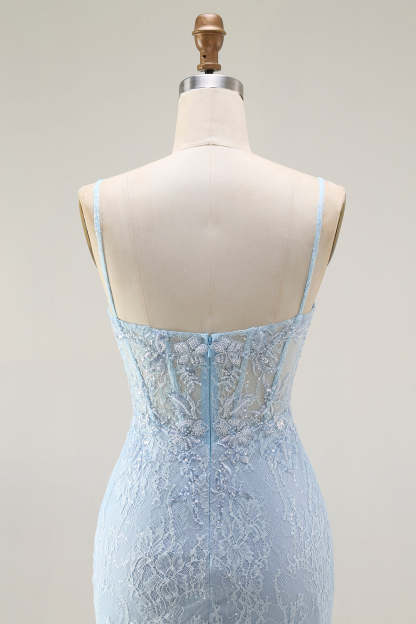 Sparkly Blue Lace Corset Mermaid Long Prom Dress with Slit