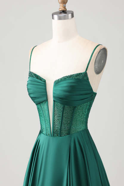 Sparkly Dark Green Corset Long Prom Dress with Rhinestones