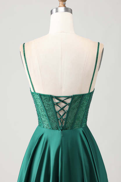 Sparkly Dark Green Corset Long Prom Dress with Rhinestones