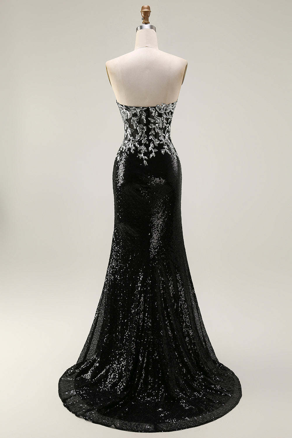 Sparkly Black Silver Strapless Mermaid Long Sequin Prom Dress