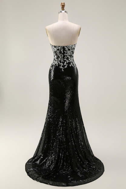 Sparkly Black Silver Strapless Mermaid Long Sequin Prom Dress