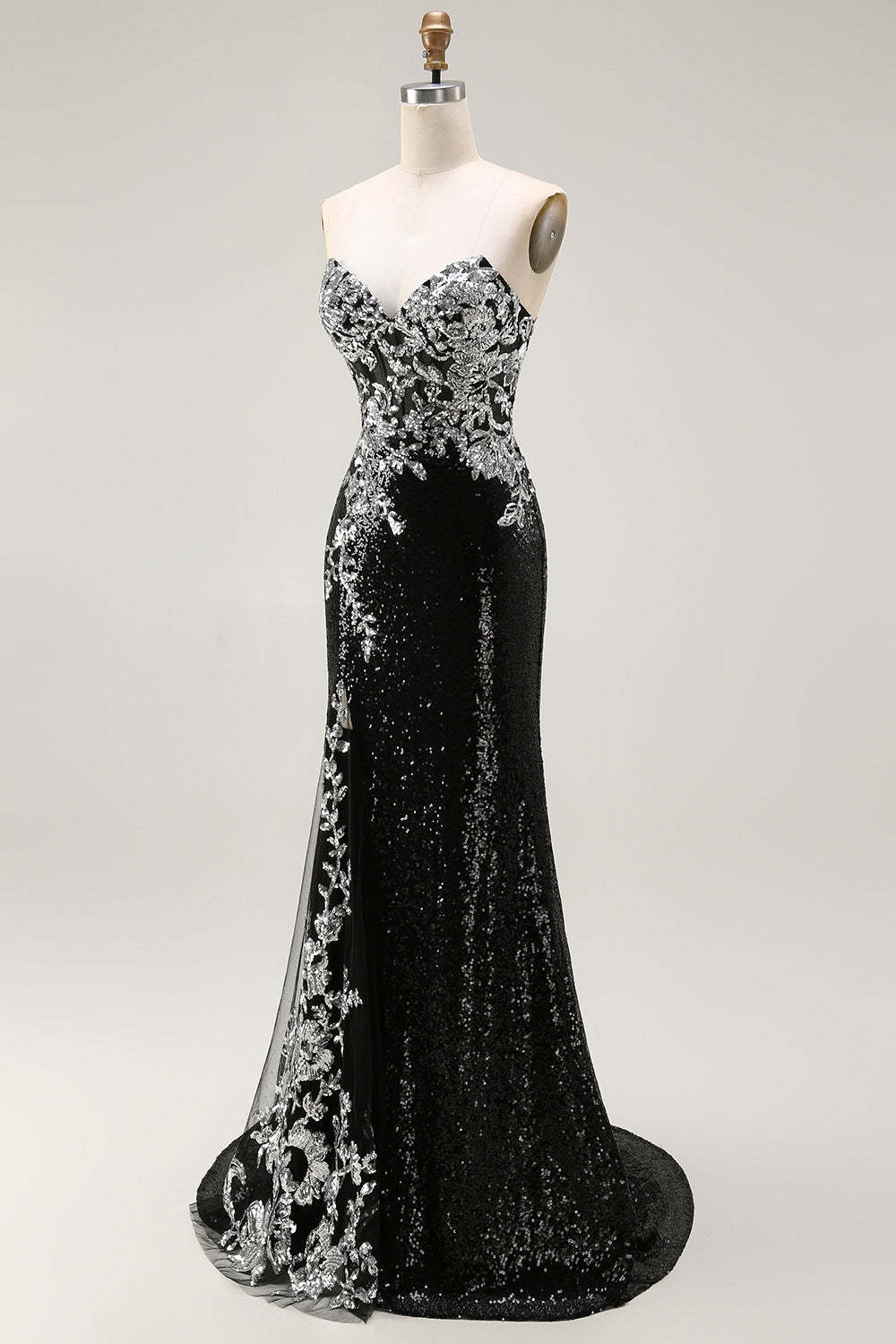 Sparkly Black Silver Strapless Mermaid Long Sequin Prom Dress