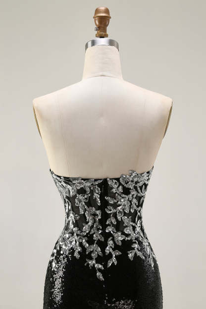 Sparkly Black Silver Strapless Mermaid Long Sequin Prom Dress