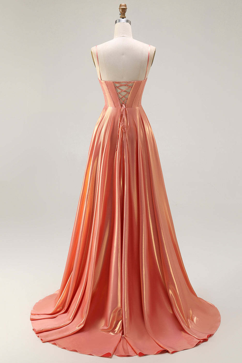 Sparkly Orange Metallic Spaghetti Straps Corset Long Prom Dress