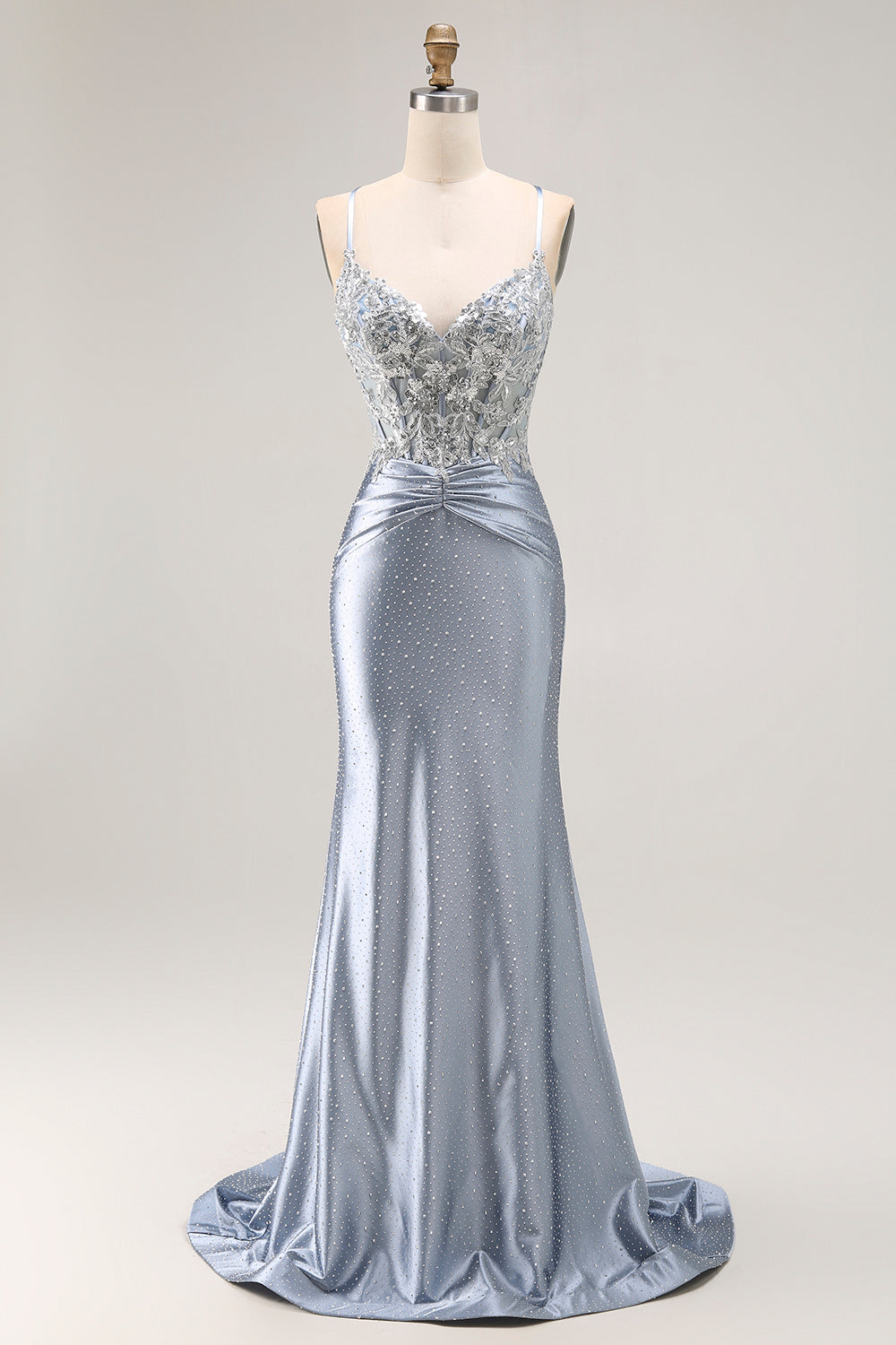 Leely Women Sparkly Grey Blue Corset Mermaid Long Prom Dress with Appliques Beaded Lace Up Back Spaghetti Straps Gala Dress