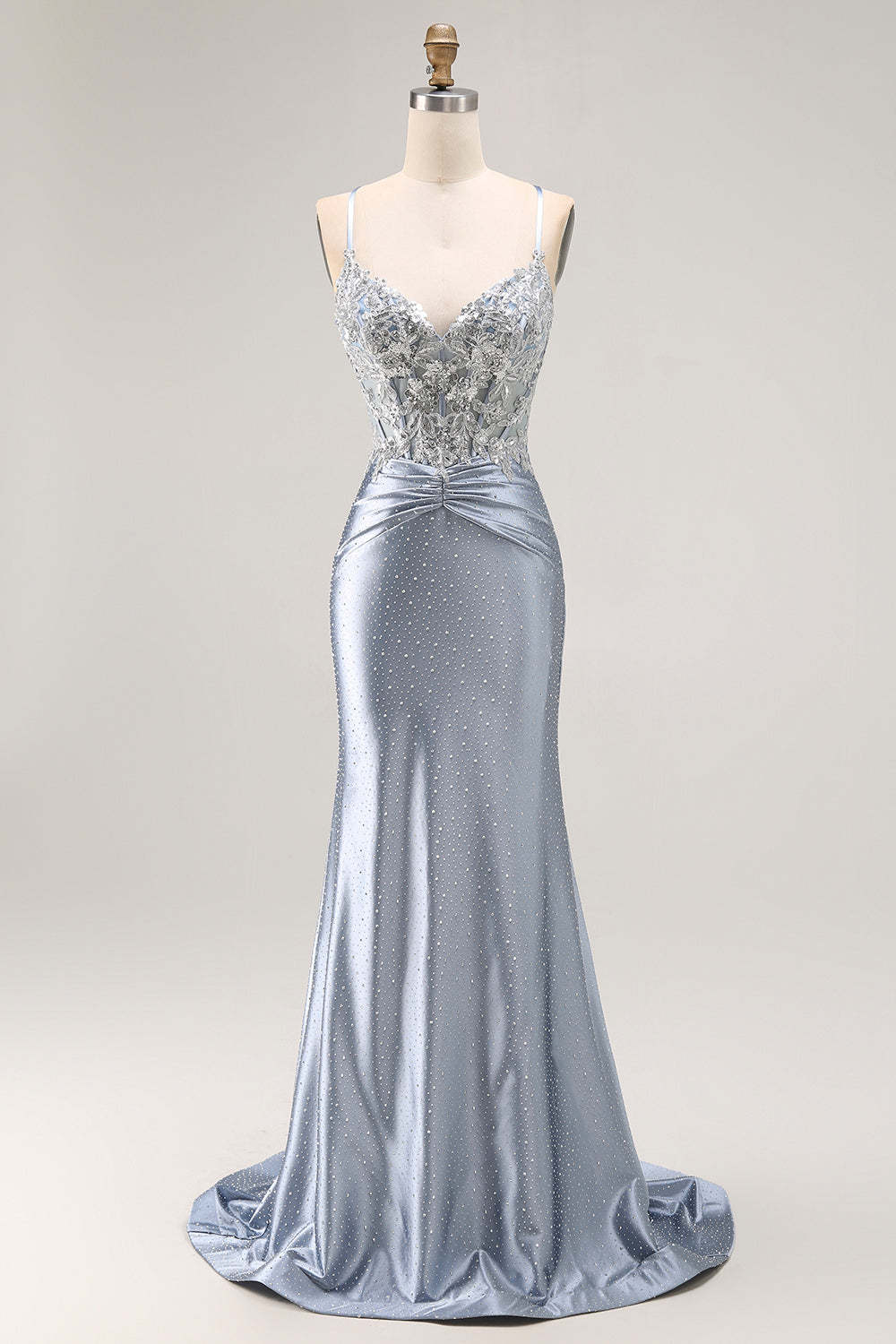 Leely Women Sparkly Grey Blue Corset Mermaid Long Prom Dress with Appliques Beaded Lace Up Back Spaghetti Straps Gala Dress
