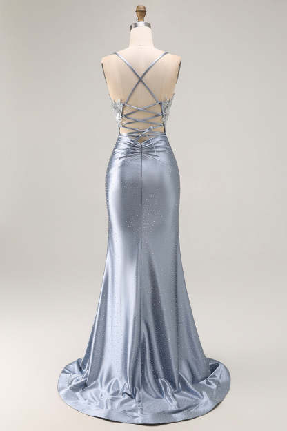 Grey Blue Corset Mermaid Sparkly Beaded Long Prom Dress with Appliques