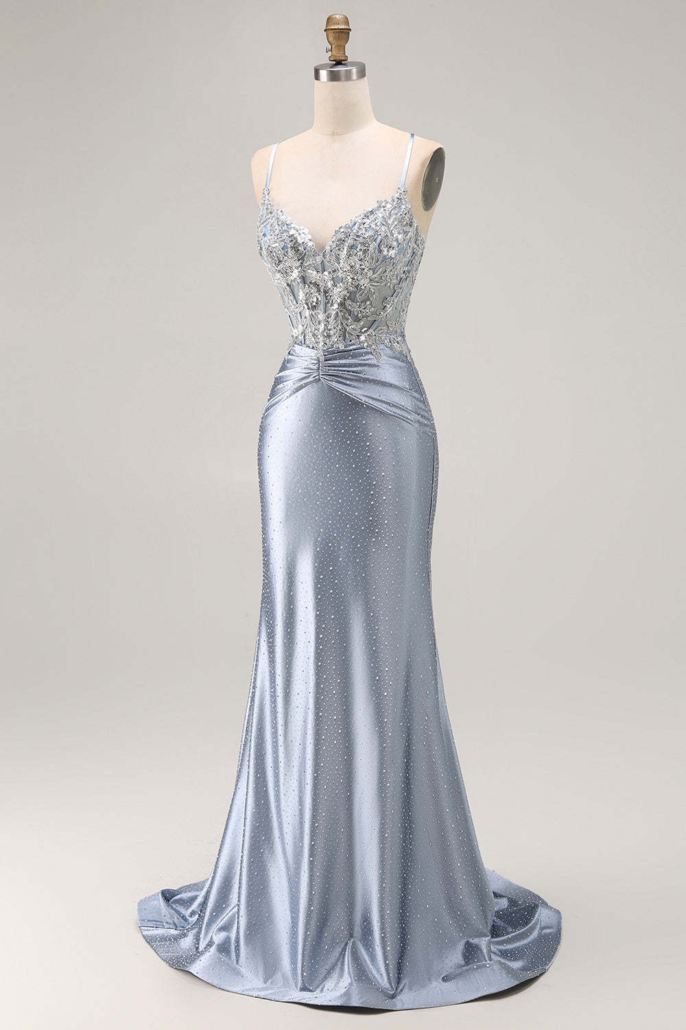 Grey Blue Corset Mermaid Sparkly Beaded Long Prom Dress with Appliques