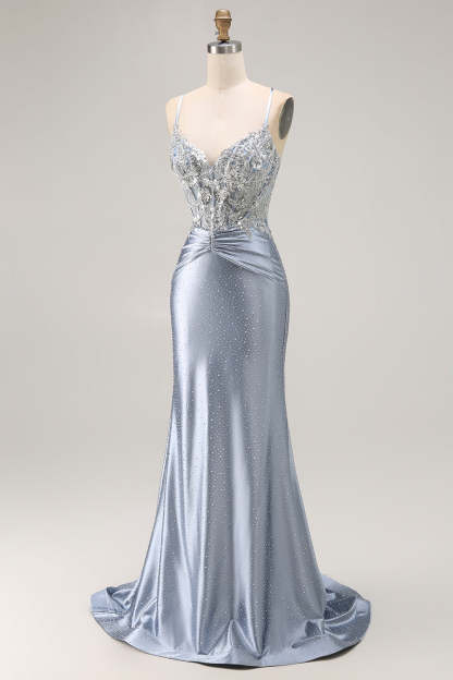 Grey Blue Corset Mermaid Sparkly Beaded Long Prom Dress with Appliques