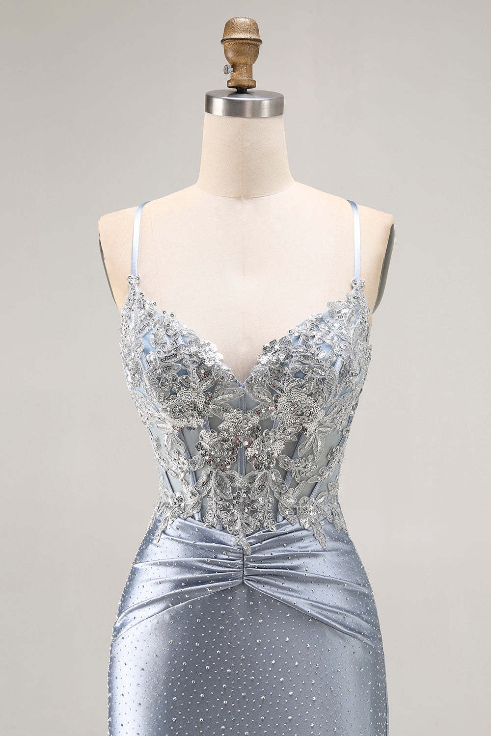 Grey Blue Corset Mermaid Sparkly Beaded Long Prom Dress with Appliques