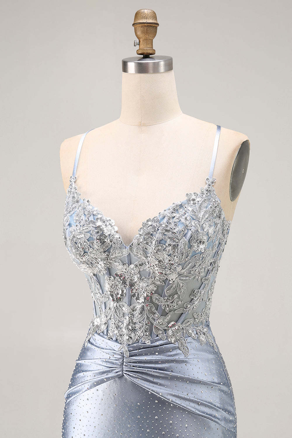 Grey Blue Corset Mermaid Sparkly Beaded Long Prom Dress with Appliques