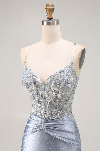 Grey Blue Corset Mermaid Sparkly Beaded Long Prom Dress with Appliques