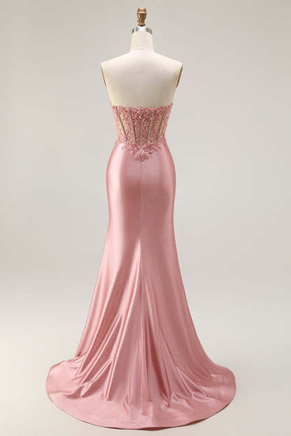 Sparkly Blush Mermaid Corset Long Prom Dress with Slit