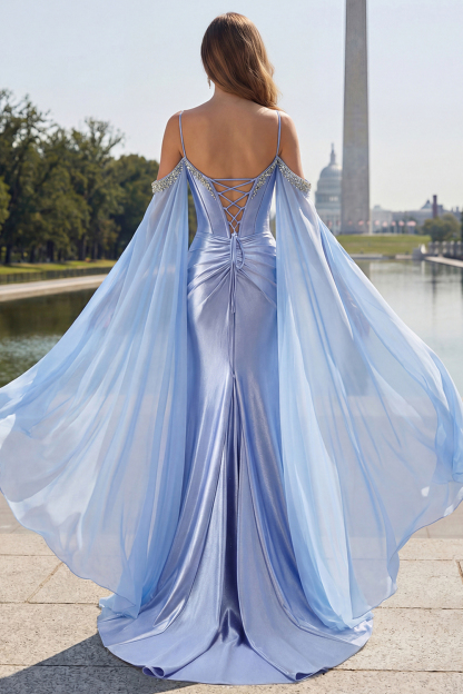 Sparkly Blue Mermaid Cold Shoulder Corset Long Prom Dress with Detachable Cape