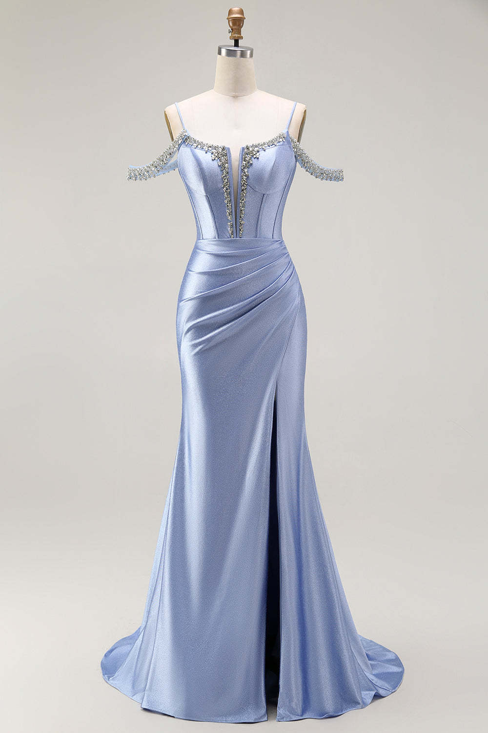 Sparkly Blue Mermaid Cold Shoulder Corset Long Prom Dress with Detachable Cape