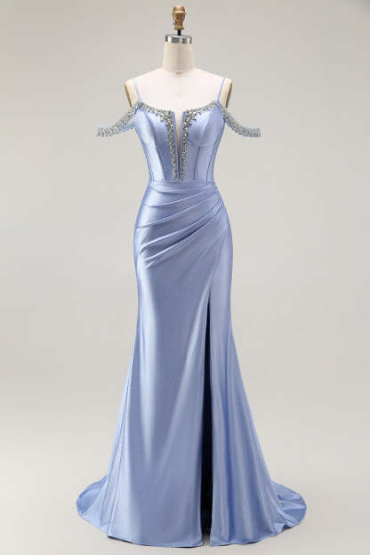 Sparkly Blue Mermaid Cold Shoulder Corset Long Prom Dress with Detachable Cape