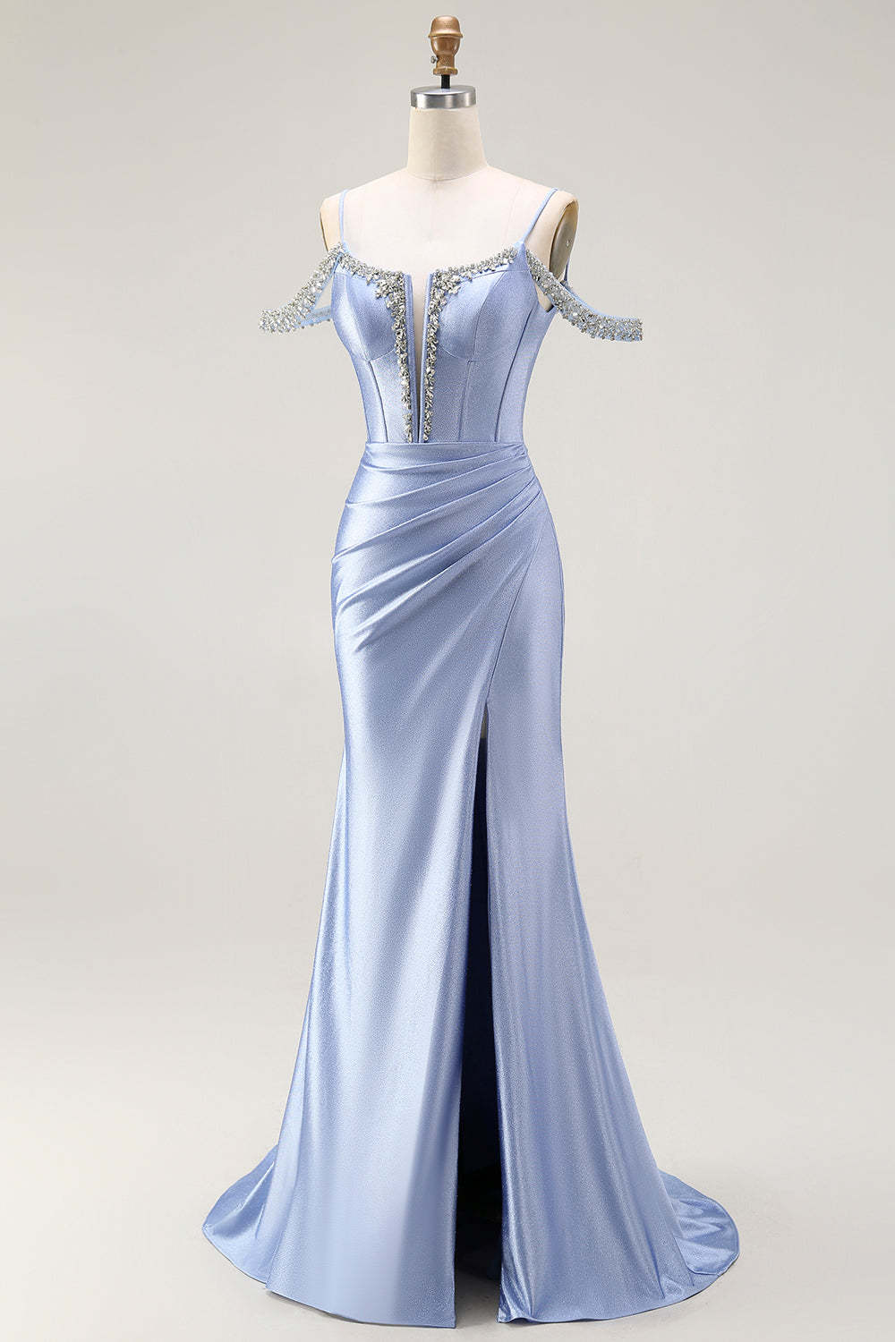 Sparkly Blue Mermaid Cold Shoulder Corset Long Prom Dress with Detachable Cape