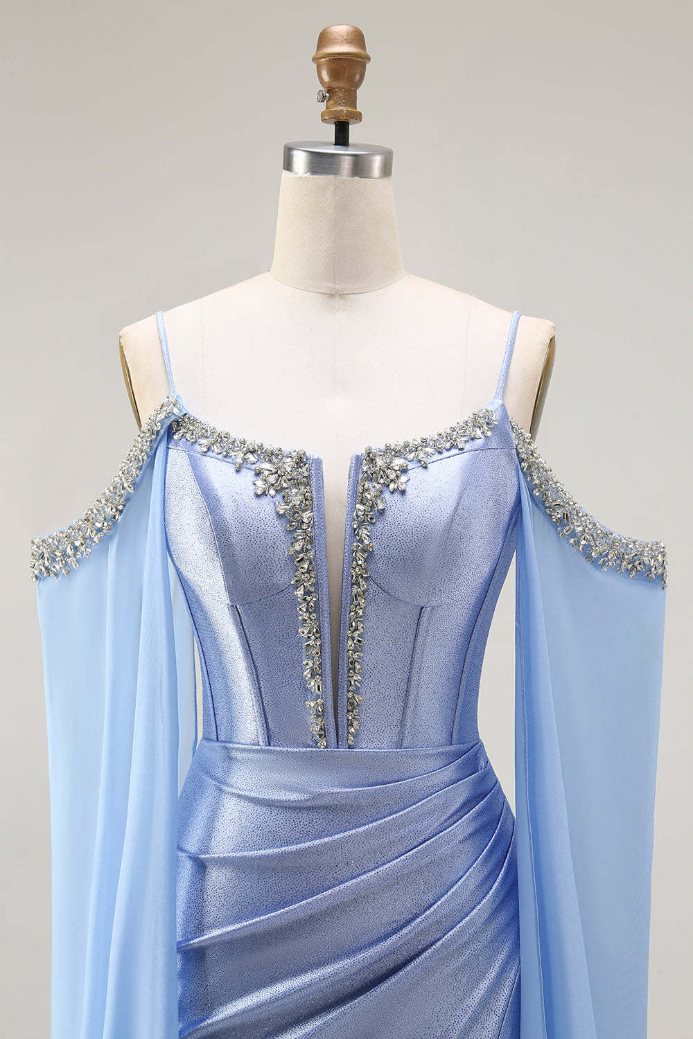 Sparkly Blue Mermaid Cold Shoulder Corset Long Prom Dress with Detachable Cape