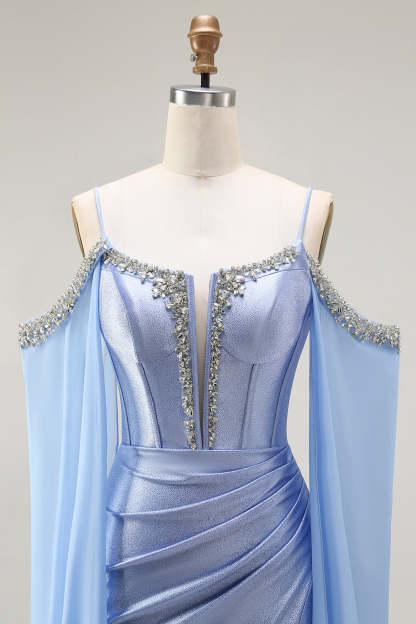 Sparkly Blue Mermaid Cold Shoulder Corset Long Prom Dress with Detachable Cape