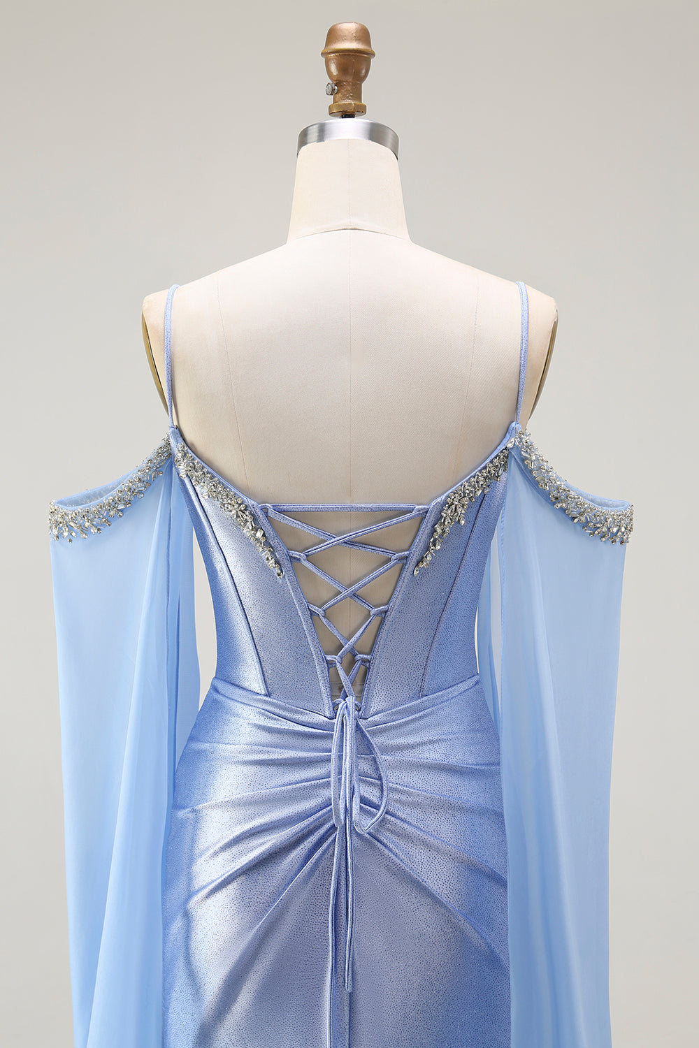 Sparkly Blue Mermaid Cold Shoulder Corset Long Prom Dress with Detachable Cape