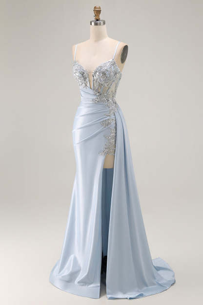 Light Blue Mermaid Corset Ruched Long Prom Dress with Sequins