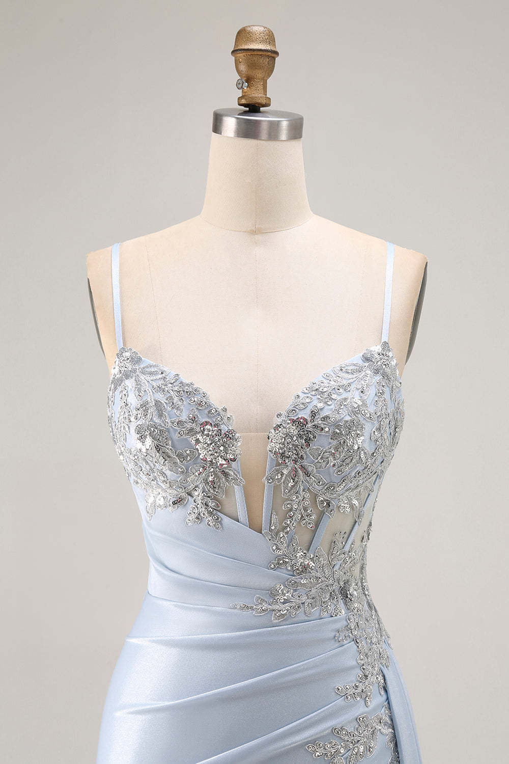 Light Blue Mermaid Corset Ruched Long Prom Dress with Sequins
