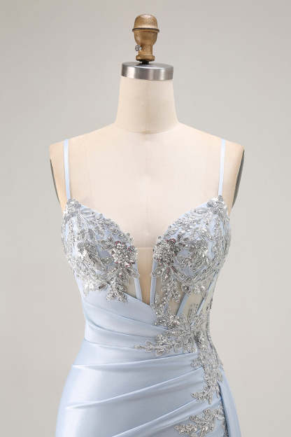 Light Blue Mermaid Corset Ruched Long Prom Dress with Sequins