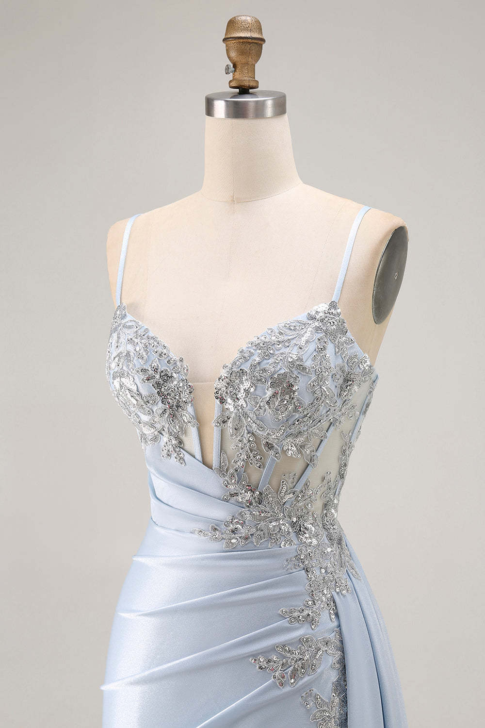 Light Blue Mermaid Corset Ruched Long Prom Dress with Sequins