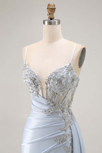 Light Blue Mermaid Corset Ruched Long Prom Dress with Sequins