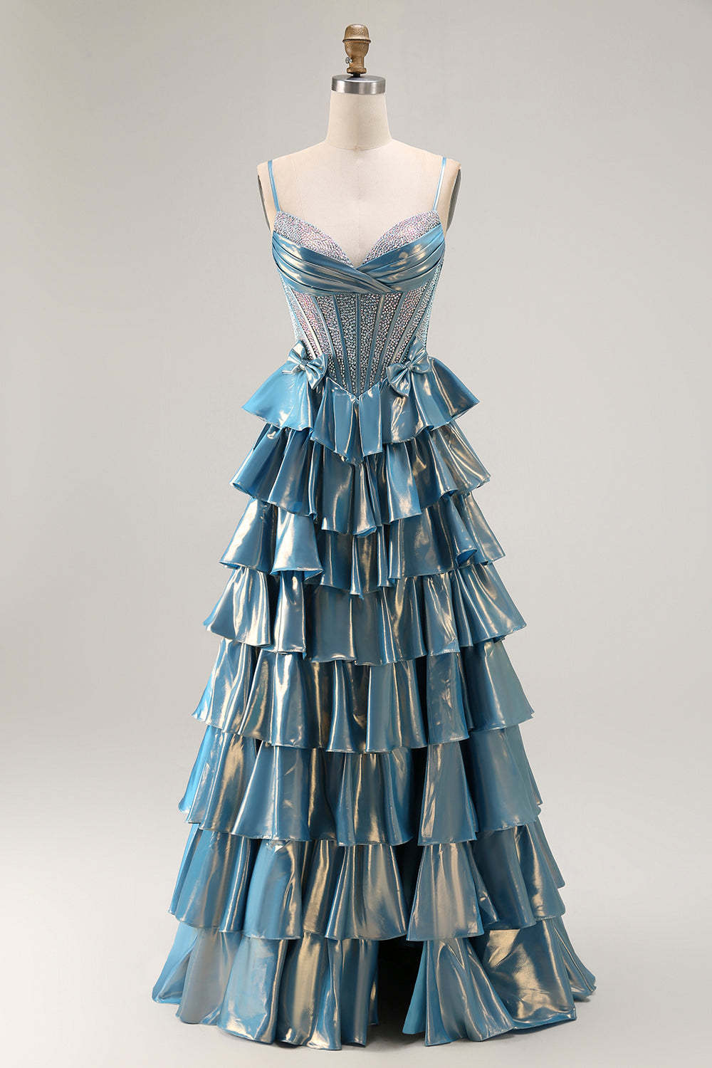 Leely Women Sparkly Blue Corset Long Tiered Prom Dress with Bow A Line Metallic Ruffled Spaghetti Straps Beaded Gala Dress with Slit