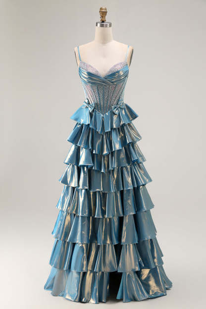 Leely Women Sparkly Blue Corset Long Tiered Prom Dress with Bow A Line Metallic Ruffled Spaghetti Straps Beaded Gala Dress with Slit