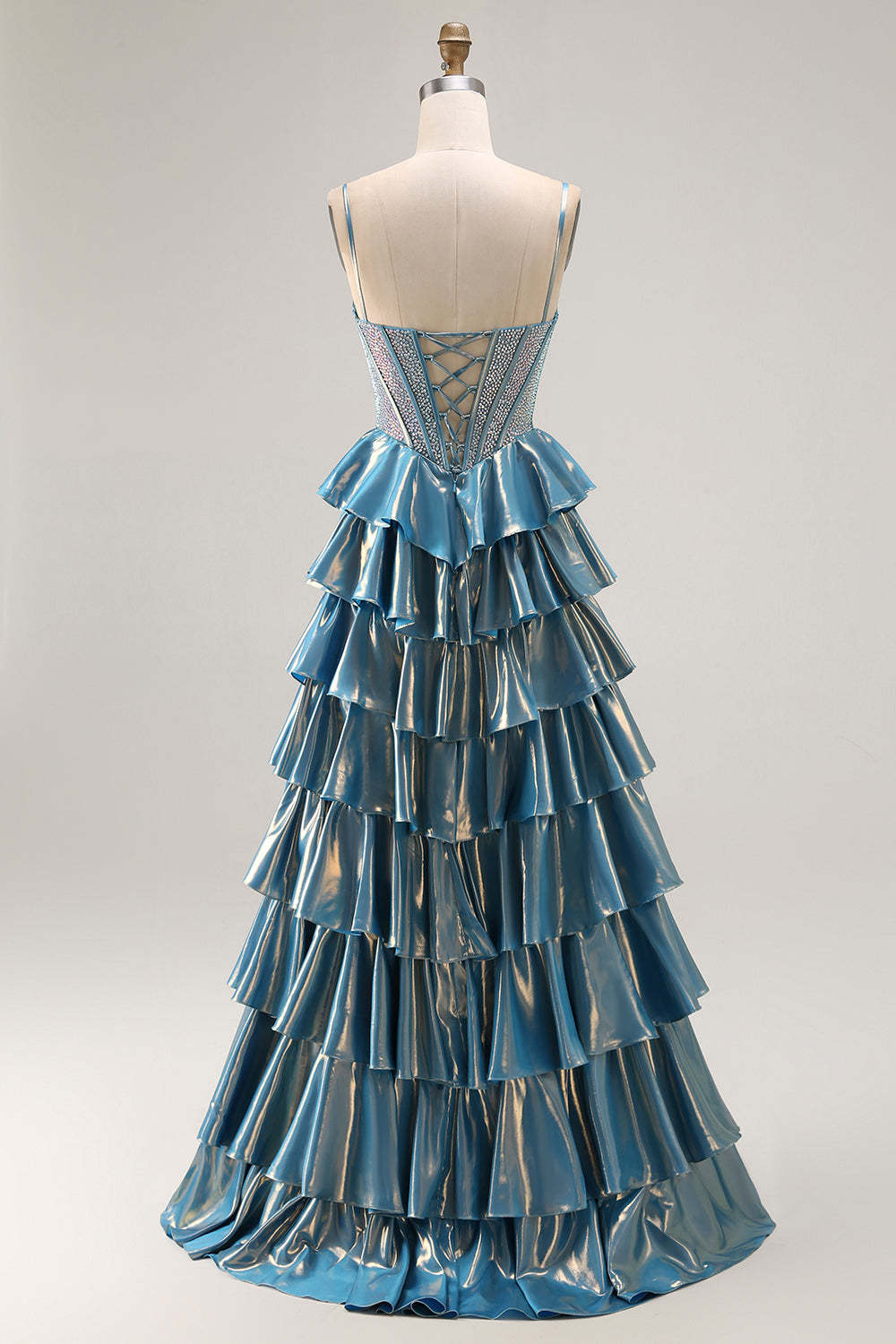 Blue Ruffled Metallic Corset Tiered Long Prom Dress with Beading