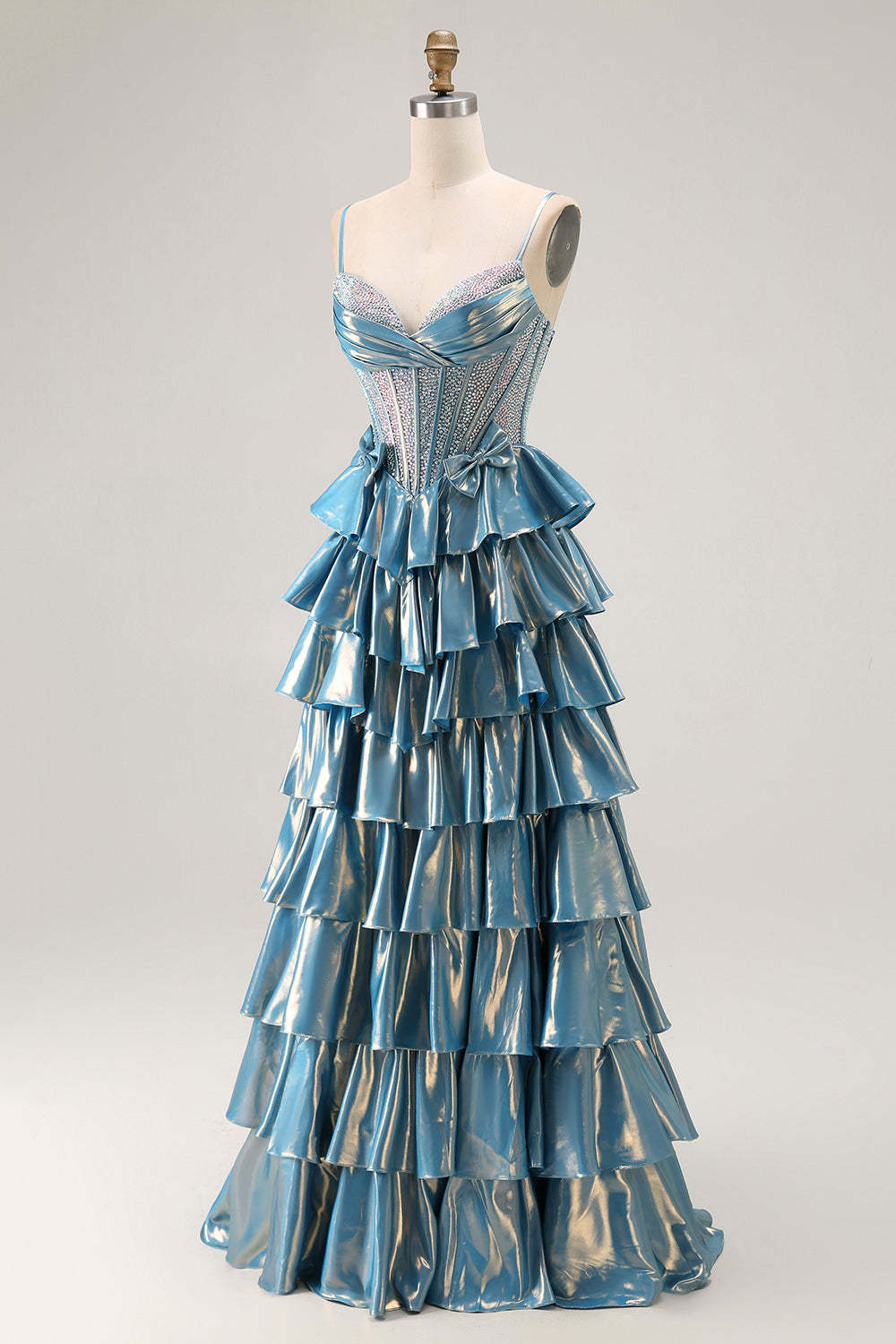 Blue Ruffled Metallic Corset Tiered Long Prom Dress with Beading