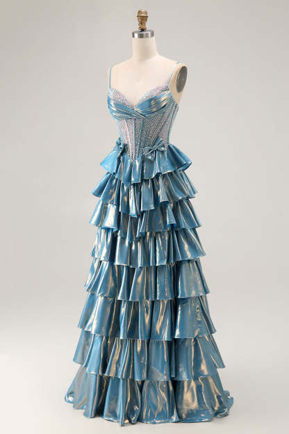 Blue Ruffled Metallic Corset Tiered Long Prom Dress with Beading