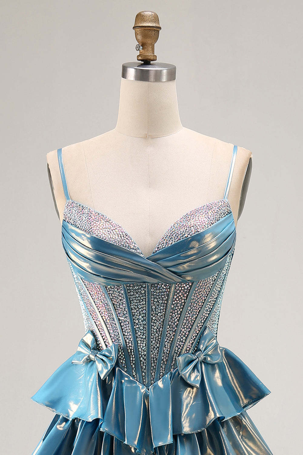 Blue Ruffled Metallic Corset Tiered Long Prom Dress with Beading