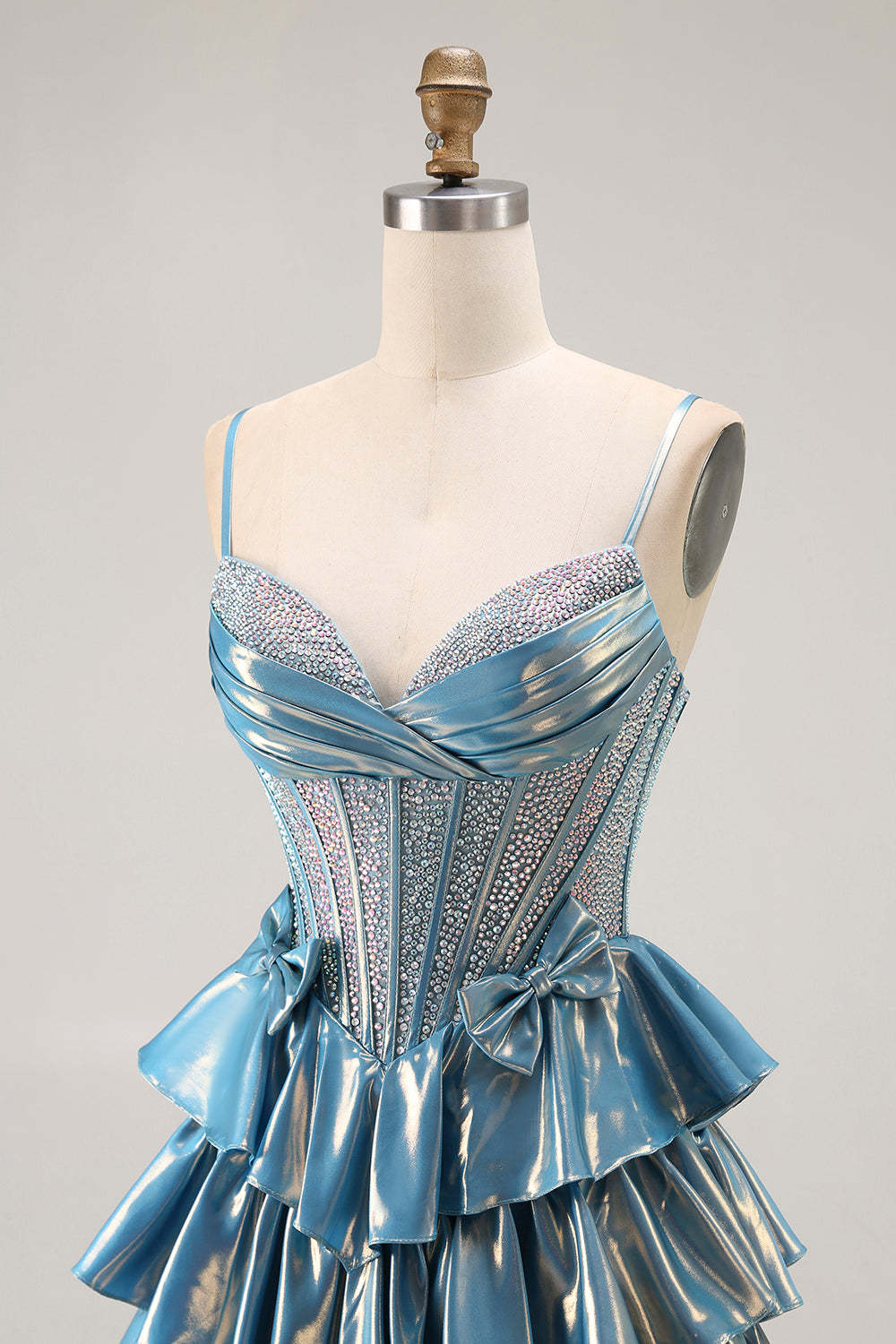 Blue Ruffled Metallic Corset Tiered Long Prom Dress with Beading
