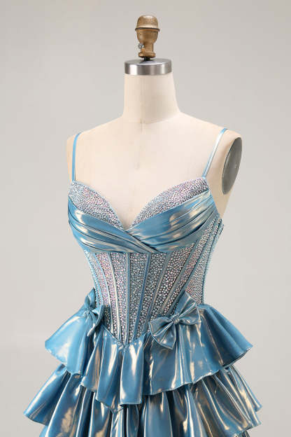 Blue Ruffled Metallic Corset Tiered Long Prom Dress with Beading